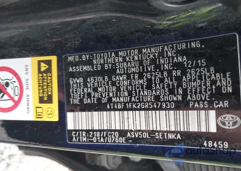 2016 Toyota Camry Le z USA, uszkodzony, nr VIN 4T4BF1FK2GR547930